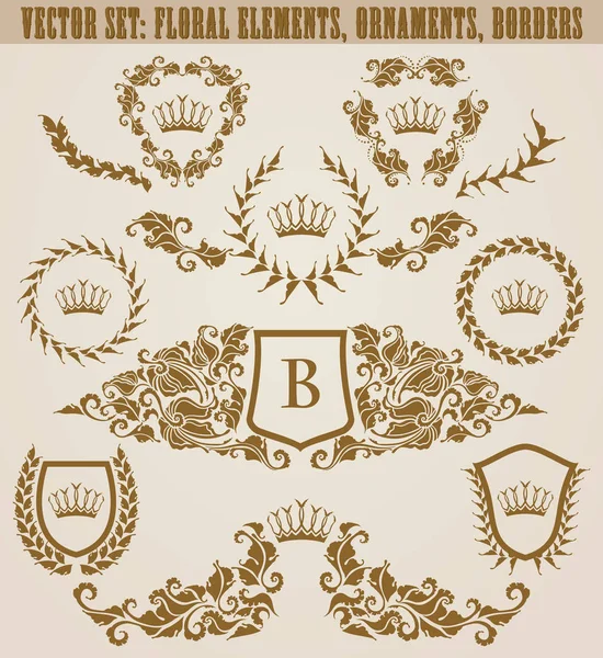 Set goldener Monogramme mit floralen Elementen für Seite, Web — Stockvektor