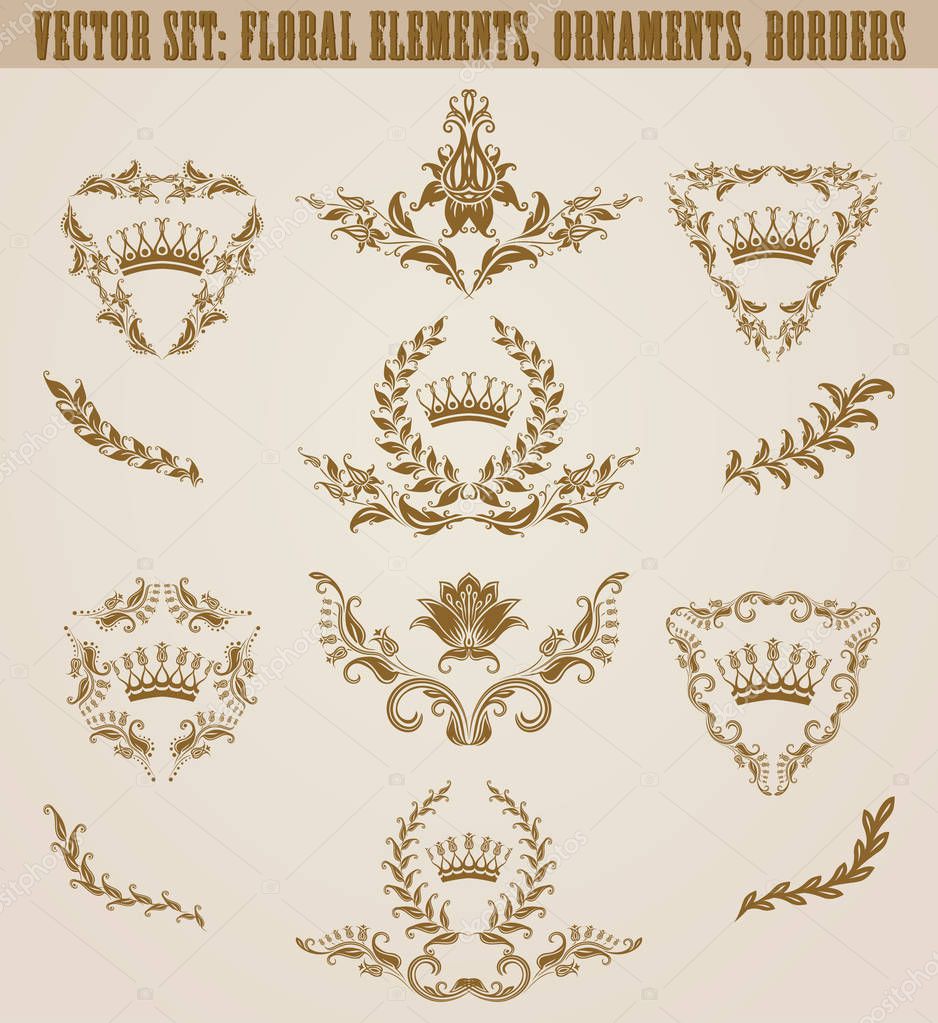Set of golden monograms with floral elements for page, web design. Filigree royal shields, old frames, borders in vintage style for label, emblem, badge, logo, wedding card, invitation. Illustration.