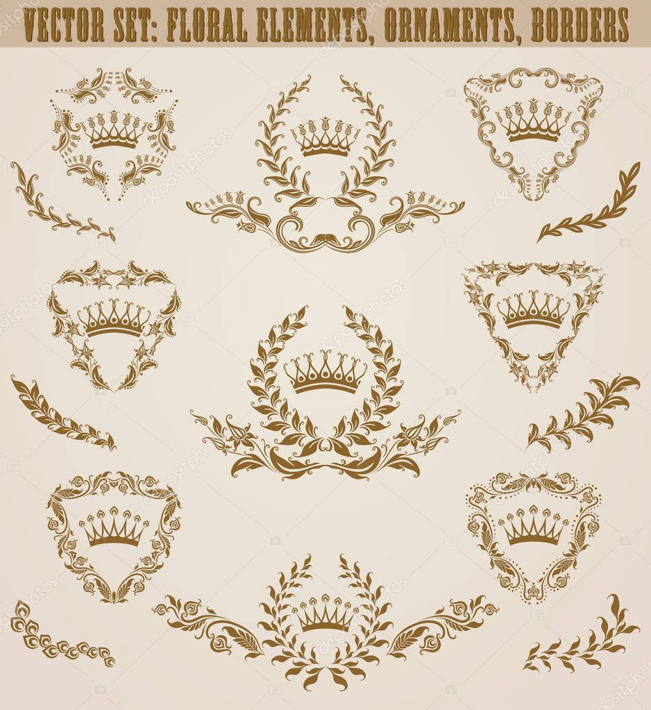 Set of golden monograms with floral elements for page, web design. Filigree royal shields, old frames, borders in vintage style for label, emblem, badge, logo, wedding card, invitation. Illustration.