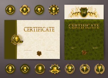 Diploma dantel süs, şerit, mum mühür, perdelik kumaş, rozetleri, metin için yer zarif şablonları kümesi. Sertifika başarı, eğitim, ödüller, kazanan. Vektör çizim Eps 10.