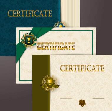 Ayarla, zarif şablonları diploma dantel takı, kurdela, balmumu mühürler, kalkanlar, rozetleri, laurel çelenk, yerleştirmek için metni.