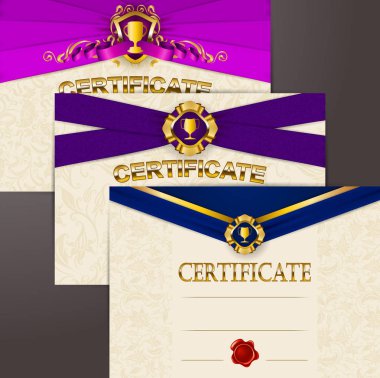 Ayarla, zarif şablonları diploma dantel takı, kurdela, balmumu mühürler, kalkanlar, rozetleri, laurel çelenk, yerleştirmek için metni.