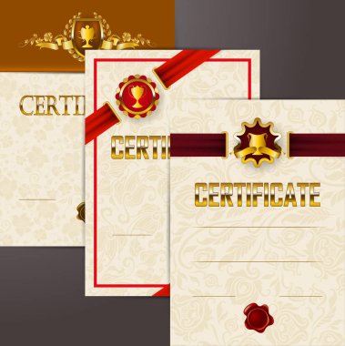 Ayarla, zarif şablonları diploma dantel takı, kurdela, balmumu mühürler, kalkanlar, rozetleri, laurel çelenk, yerleştirmek için metni.