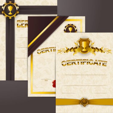 Ayarla, zarif şablonları diploma dantel takı, kurdela, balmumu mühürler, kalkanlar, rozetleri, laurel çelenk, yerleştirmek için metni.