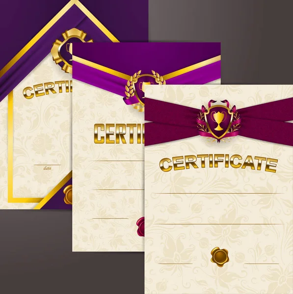 Conjunto de elegantes plantillas de adorno de encaje diploma, cintas, sellos de cera, escudos, insignias, coronas de laurel, lugar para el texto . — Vector de stock