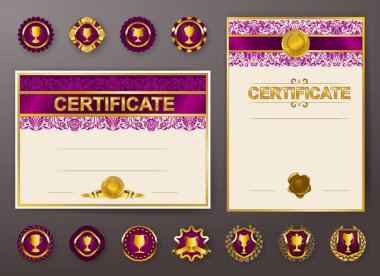 Diploma dantel süs, şerit, mum mühür, perdelik kumaş, rozetleri, metin için yer zarif şablonları kümesi. Sertifika başarı, eğitim, ödüller, kazanan.