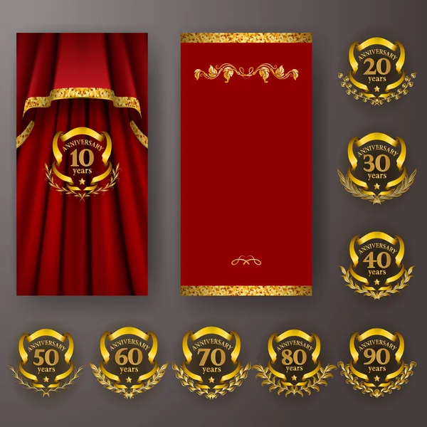 Uppsättning av årsdagen kort, inbjudan med lagerkrans, nummer. Dekorativa guld emblem av jubileet på röd bakgrund. — Stock vektor