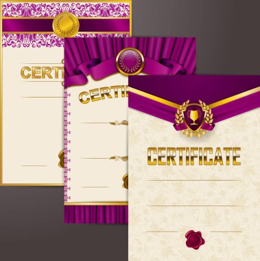 Diploma dantel süs, şerit, mum mühür, kalkan, defne çelengi, perdelik kumaş, metin için yer zarif şablonları.