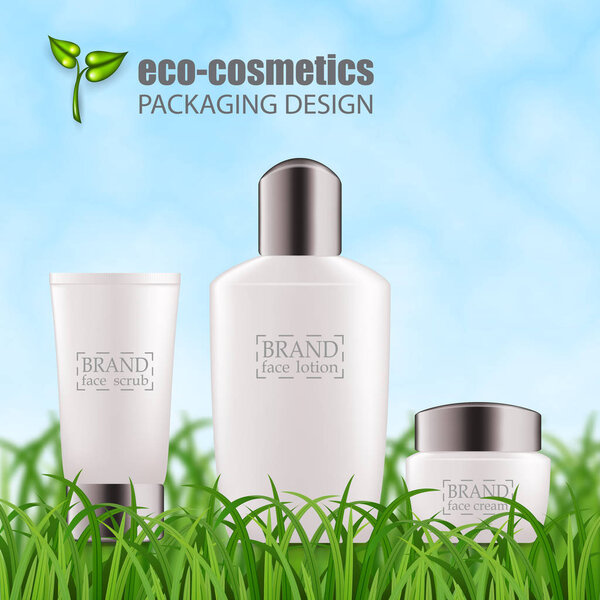 Набор реалистичных зеленых стеклянных бутылок эко-косметических
