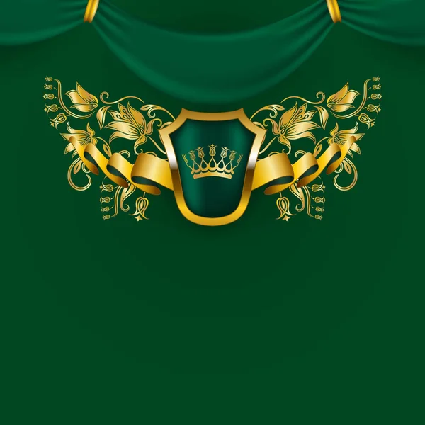 ロイヤルの背景飾り、盾、金の王冠、リボン、紋章記述、ビンテージ スタイルのテキストの配置. — ストックベクタ