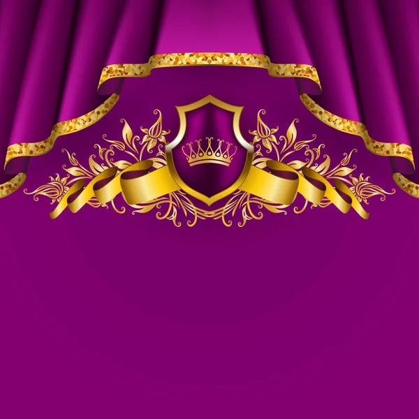 Koninklijke achtergrond met ornament, schild, gouden kroon, lint, blazon, plaats voor tekst in vintage stijl. — Stockvector
