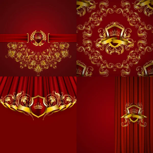 Conjunto de fondos ornamentados de lujo en estilo vintage. Elegante marco de oro con elementos florales, blasón, adorno de filigrana — Vector de stock