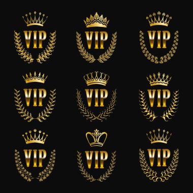 Altın VIP Monogram grafik tasarım için siyah arka plan üzerine set.