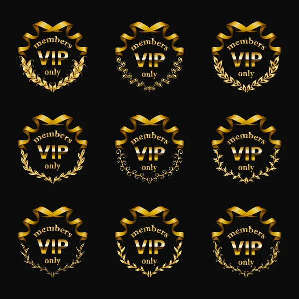 Set of gold vip monograms for graphic design on black background. — Stock Vector