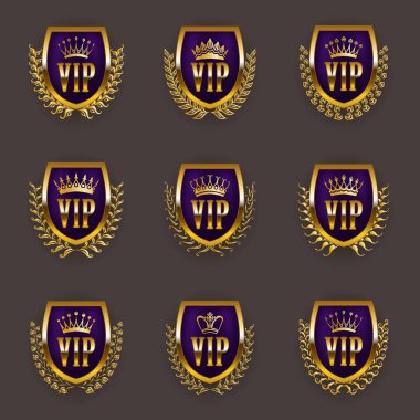 Gri zemin üzerine altın VIP Monogram grafik tasarım için set.