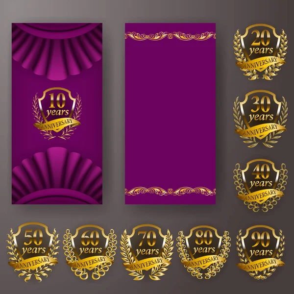 Conjunto de tarjeta de aniversario, invitación con corona de laurel, números. emblema de oro decorativo de jubileo sobre fondo púrpura . — Archivo Imágenes Vectoriales