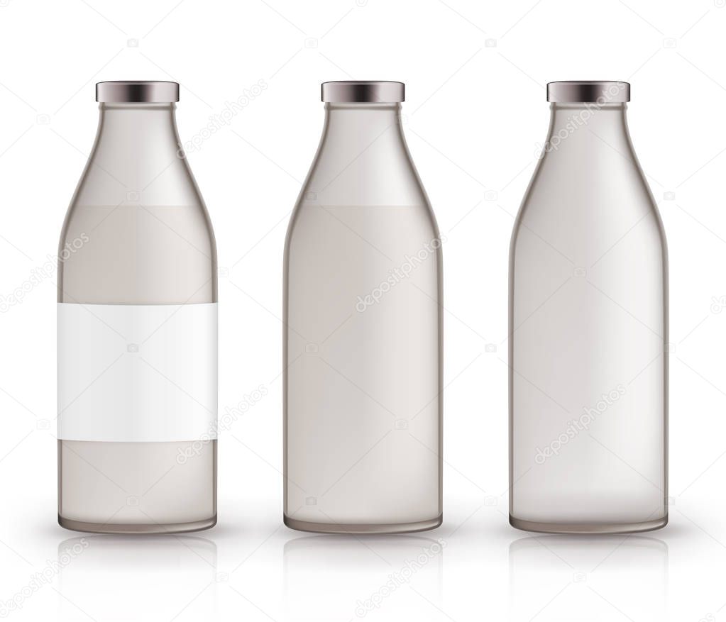 Empty, full, closed milk jars. Realistic glass bottles with liquid, label.
