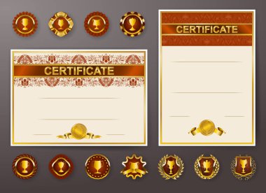 Diploma dantel süs, şerit, mum mühür, perdelik kumaş, rozetleri, metin için yer zarif şablonları kümesi. Sertifika başarı, eğitim, ödüller, kazanan.