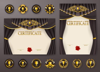 Diploma dantel süs, şerit, mum mühür, perdelik kumaş, rozetleri, metin için yer zarif şablonları kümesi. Sertifika başarı, eğitim, ödüller, kazanan.