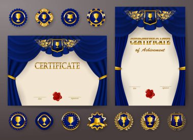 Diploma dantel süs, şerit, mum mühür, perdelik kumaş, rozetleri, metin için yer zarif şablonları kümesi. Sertifika başarı, eğitim, ödüller, kazanan.