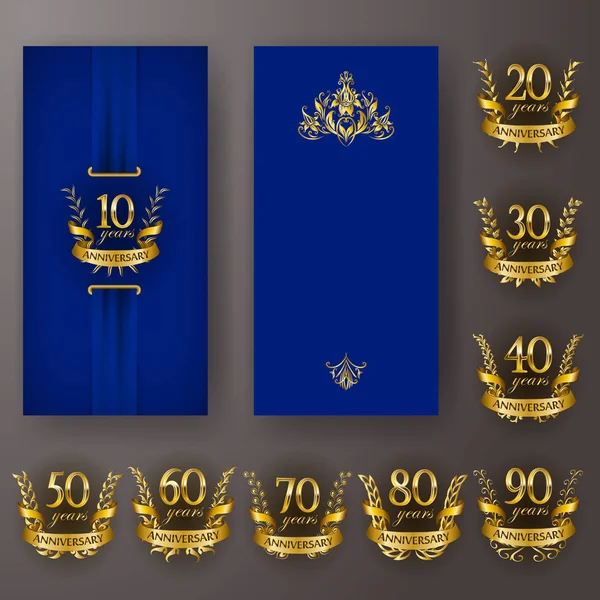 Set of anniversary card, invitation with laurel wreath, numbers. Decorative gold emblem of jubilee on blue background. Filigree element, frame, border, icon, logo for web, page design in vintage style — Stock Vector