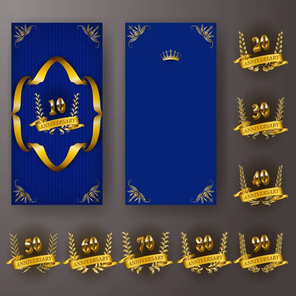 Conjunto de tarjeta de aniversario, invitación con corona de laurel, números. Emblema decorativo de oro del jubileo sobre fondo azul. Elemento filigrana, marco, borde, icono, logotipo para web, diseño de página en estilo vintage — Vector de stock