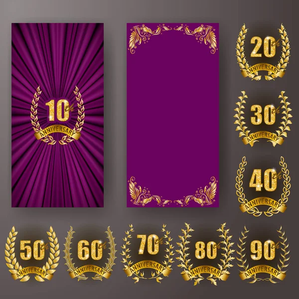Set of anniversary card, invitation with laurel wreath, numbers. Decorative gold emblem of jubilee on purple background. — Stock Vector