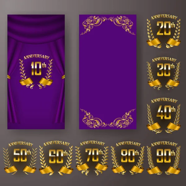 Conjunto de cartão de aniversário, convite com coroa de louro, números. emblema de ouro decorativo do jubileu no fundo roxo . — Vetor de Stock