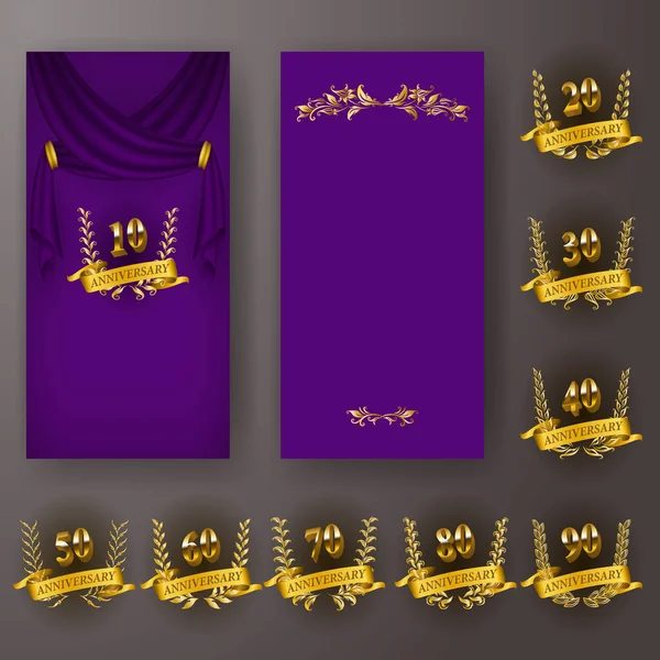 一套周年贺卡, 邀请与桂冠花环, 数字。紫色背景上的欢庆装饰金徽. 图库插图