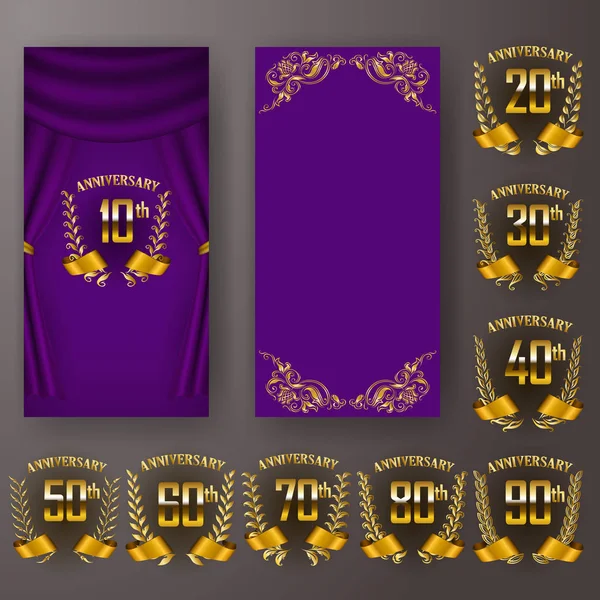 一套周年贺卡, 邀请与桂冠花环, 数字。紫色背景上的欢庆装饰金徽. 图库插图