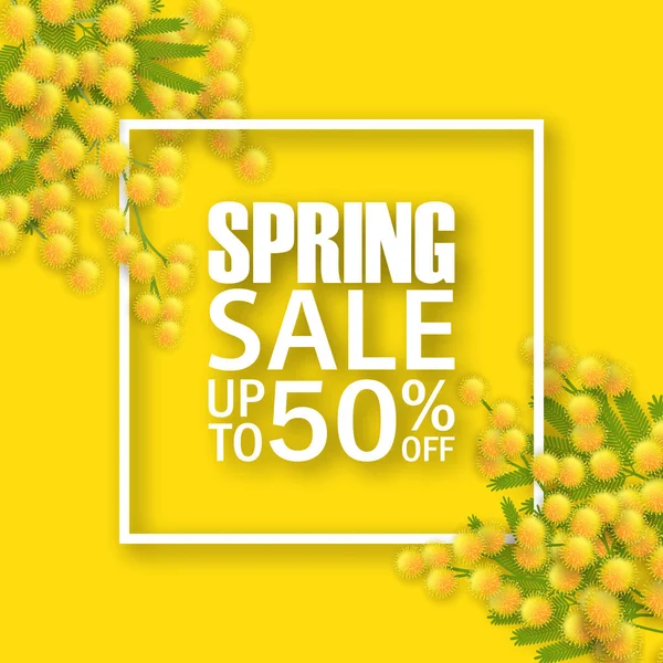 Vector spring sale square banner with mimosa — Stock Vector