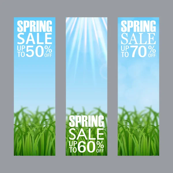 Vector voorjaar verkoop verticale banner met gras, groene bladeren, inscriptie. — Stockvector