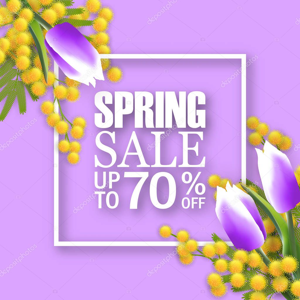 Vector spring sale square banner with mimosa