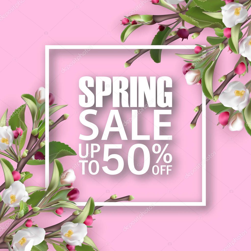 Vector spring sale square banner with sakura