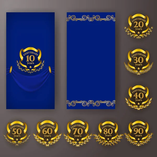 記念日カードの設定、招待状月桂冠、番号を付けます。青の背景にジュビリーの装飾的なゴールドのエンブレム。フィリグリー要素、フレーム、罫線、アイコン、web のロゴ、ビンテージ スタイルでページ デザイン — ストックベクタ