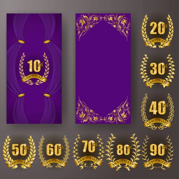 Set of anniversary card, invitation with laurel wreath, numbers. Decorative gold emblem of jubilee on purple background. Filigree element, frame, border, icon, logo for web, page design, vintage style — Stock Vector