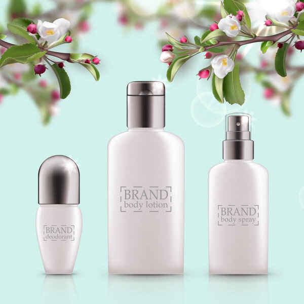 Набор реалистичных зеленых стеклянных бутылок эко-косметических
