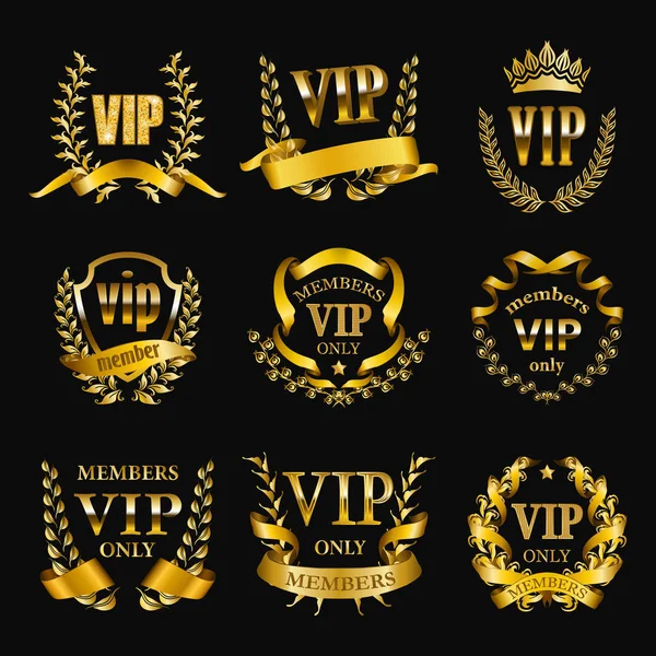 Set of gold vip monograms for graphic design on black background. — Stock Vector