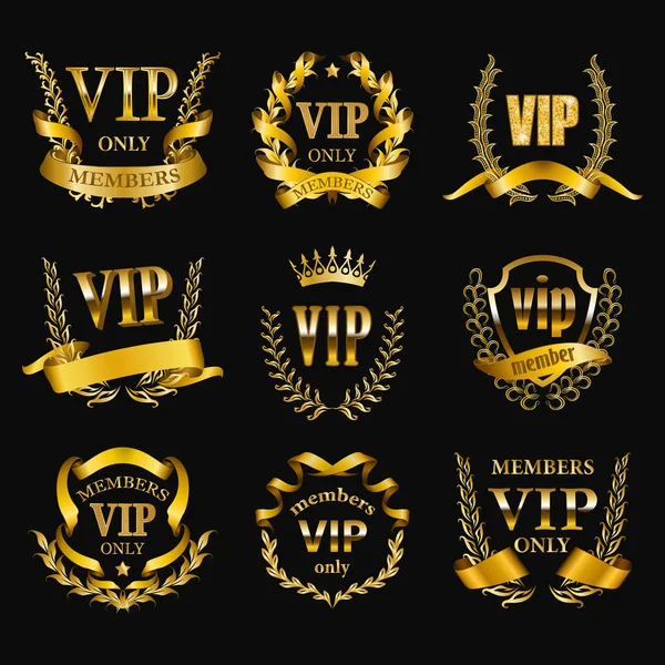 Set of gold vip monograms for graphic design on black background. — Stock Vector