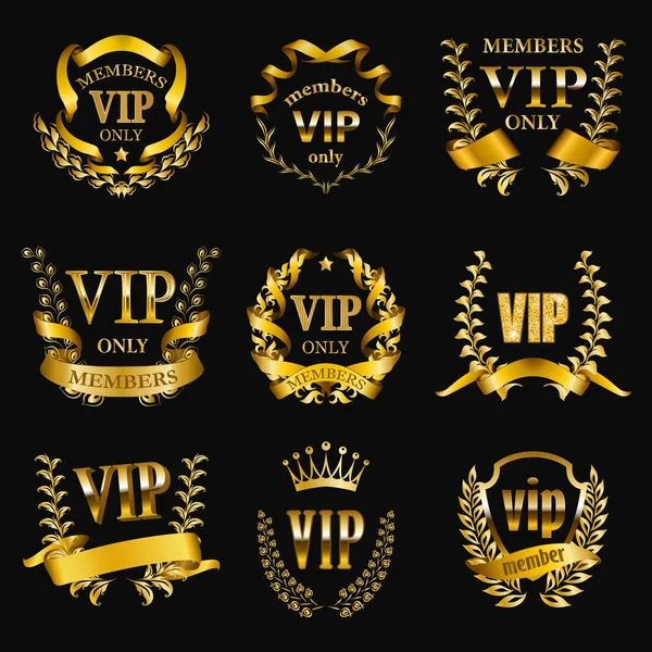 Set of gold vip monograms for graphic design on black background. — Stock Vector