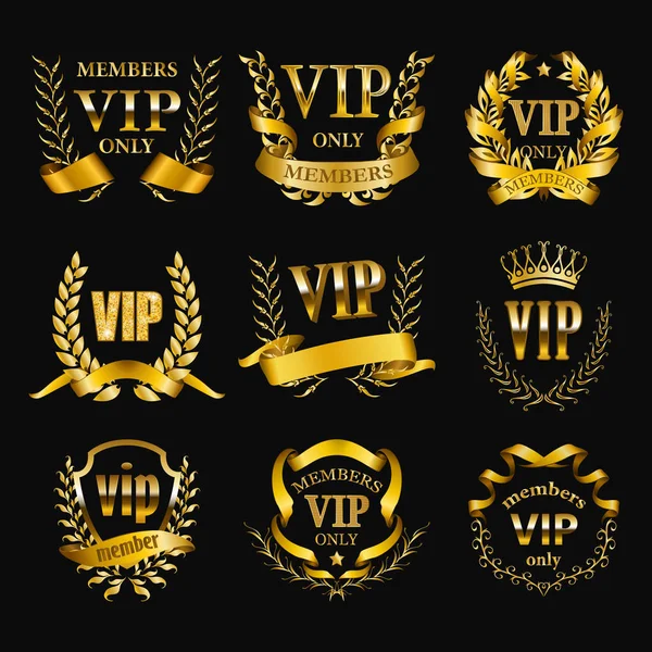 Set of gold vip monograms for graphic design on black background. — Stock Vector