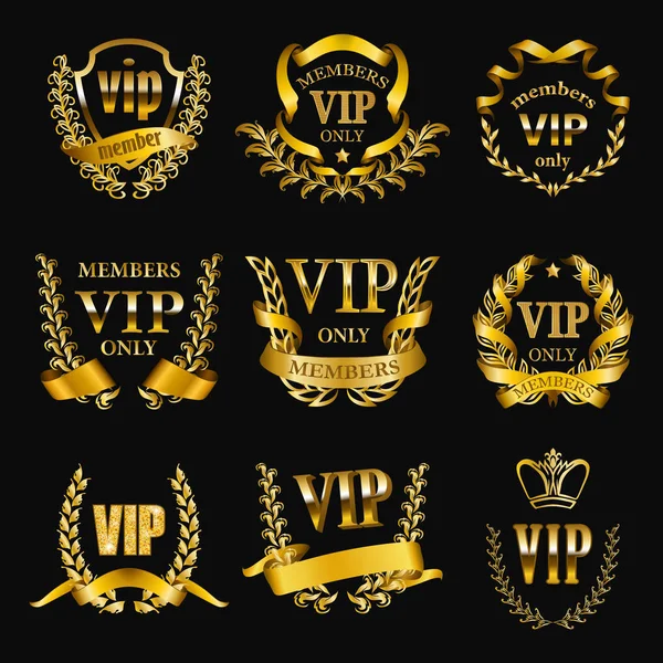 Set von Gold-VIP-Monogrammen für grafische Gestaltung auf schwarzem Hintergrund. — Stockvektor