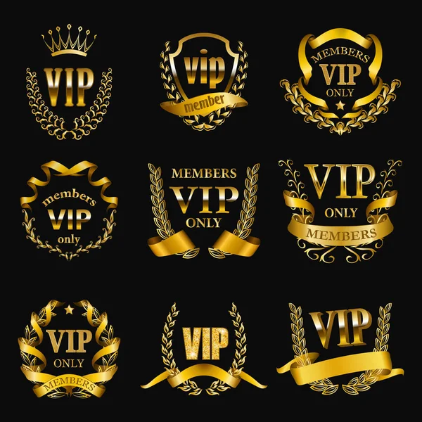 Set of gold vip monograms for graphic design on black background. — Stock Vector