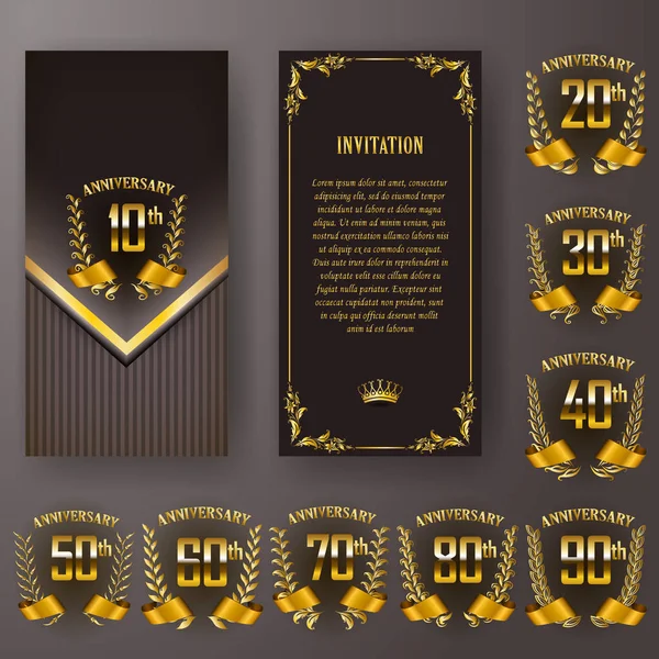 Verjaardag card, uitnodiging met lauwerkrans, nummer set. Decoratieve gouden embleem van jubileum op zwarte achtergrond. Gevulde element, frame, grens, pictogram, logo voor web, paginaontwerp in vintage stijl — Stockvector