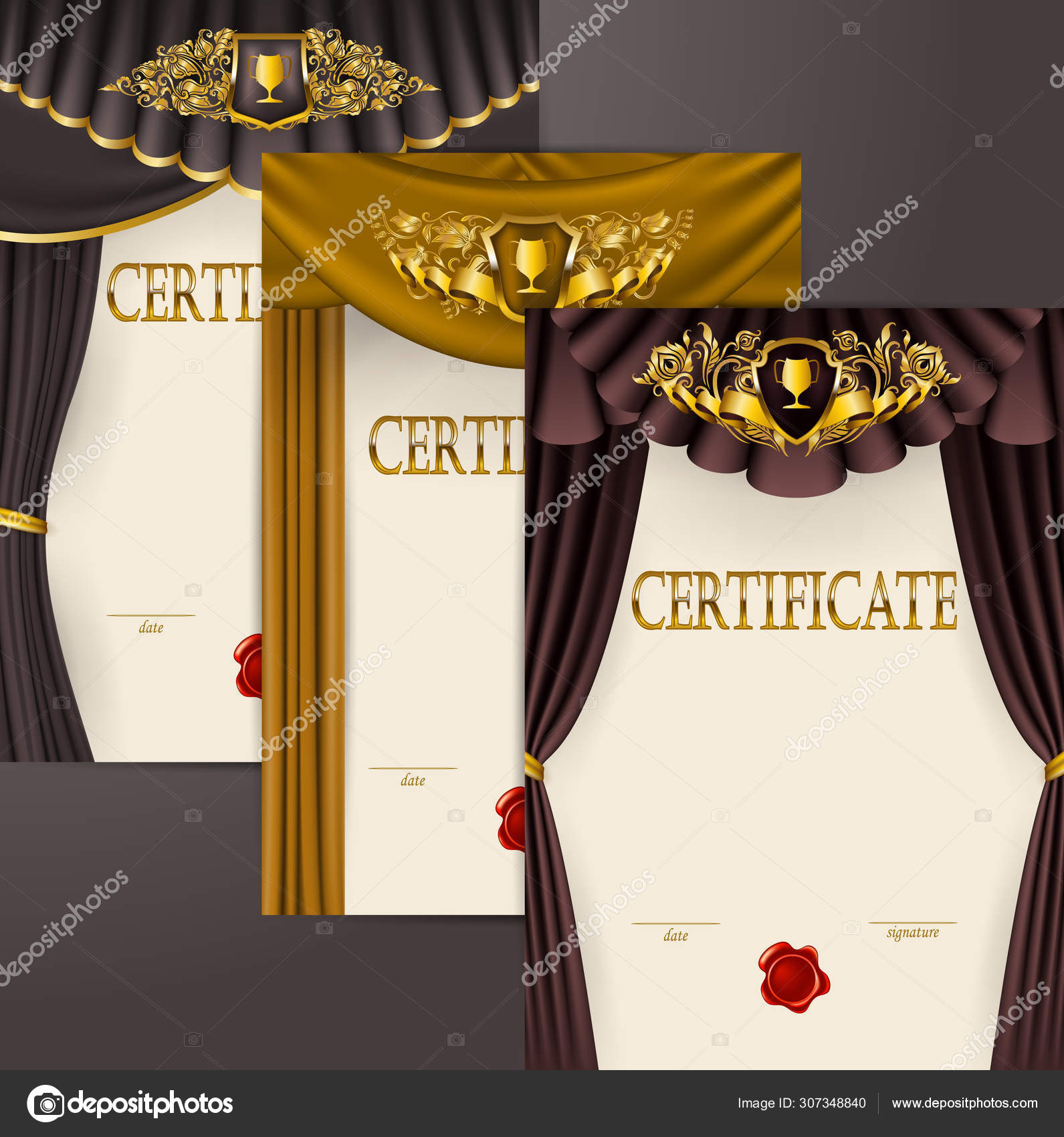 Set Of Elegant Templates Of Diploma Lace Ornament Ribbon Wax
