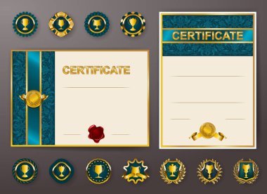 Diploma dantel süs, şerit, mum mühür, perdelik kumaş, rozetleri, metin için yer zarif şablonları kümesi. Sertifika başarı, eğitim, ödüller, kazanan.