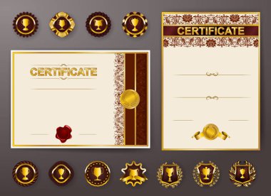 Diploma dantel süs, şerit, mum mühür, perdelik kumaş, rozetleri, metin için yer zarif şablonları kümesi. Sertifika başarı, eğitim, ödüller, kazanan.