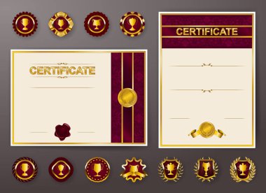 Diploma dantel süs, şerit, mum mühür, perdelik kumaş, rozetleri, metin için yer zarif şablonları kümesi. Sertifika başarı, eğitim, ödüller, kazanan.