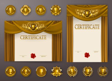 Diploma dantel süs, şerit, mum mühür, perdelik kumaş, rozetleri, metin için yer zarif şablonları kümesi. Sertifika başarı, eğitim, ödüller, kazanan.