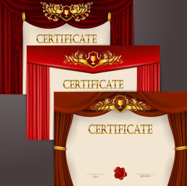 Diploma dantel süs, şerit, mum mühür, kalkan, defne çelengi, perdelik kumaş, metin için yer zarif şablonları.